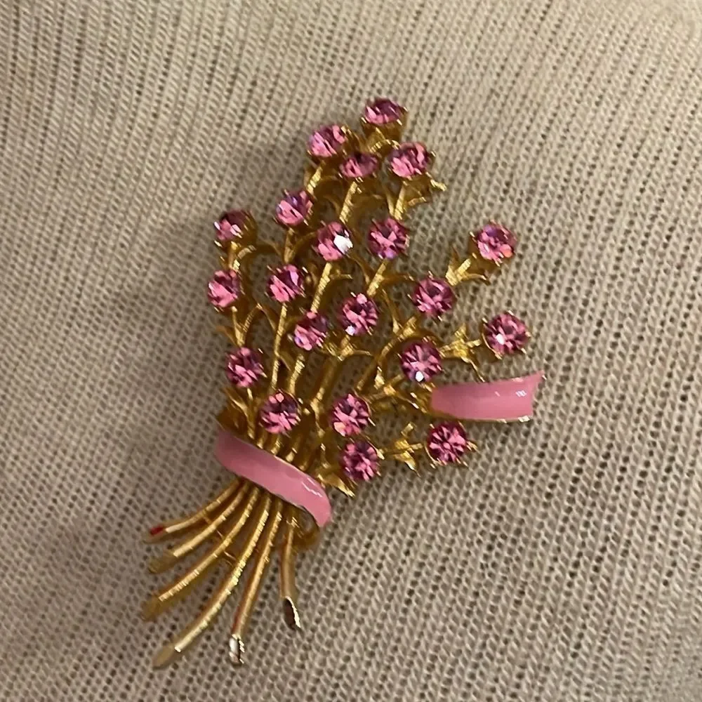 Vintage Pin Rhinestone Brooch Floral Bouquet with Pink Enamel Accents